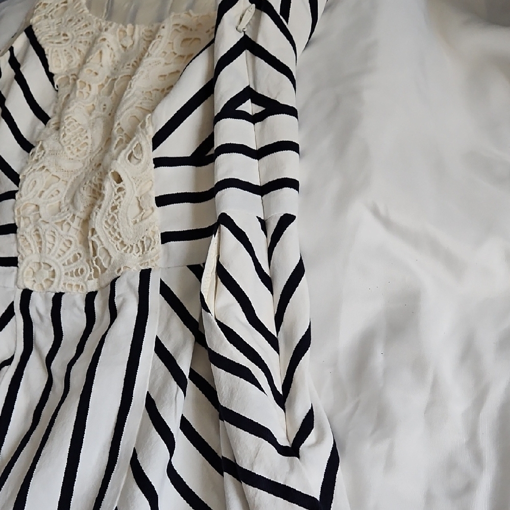 Maeve (Anthro) Black and White Striped Dress with Cream Lace - Picture 6 of 16